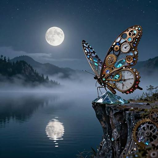 Photograph of a steampunk butterfly with gears and blue accents perched on a cliff, moonlit over a misty lake under a starry