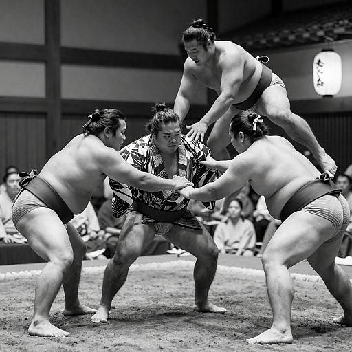 Dramatic Black-and-White Sumo Match Scene
