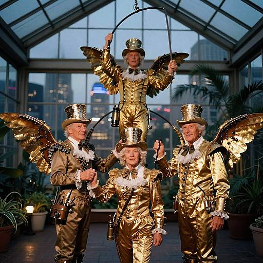 Gilded Steampunk Trapeze Trio at Dusk