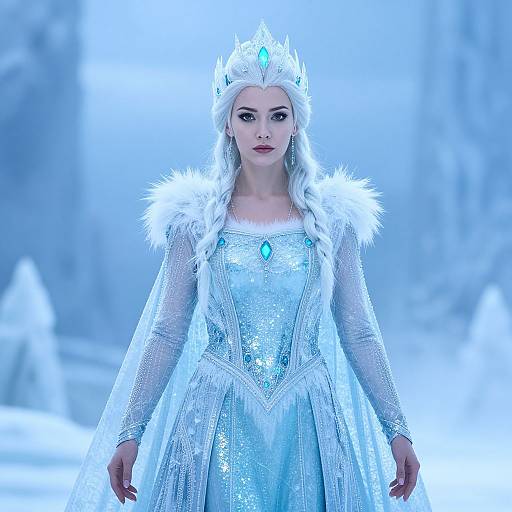 Photograph of a fair-skinned woman with long white hair, wearing a shimmering blue ice queen costume, fur-trimmed shoulders, crown,