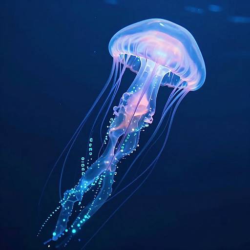 Photograph of a glowing blue and white jellyfish with translucent tentacles and bioluminescent dots, floating against a dark blue ocean background.