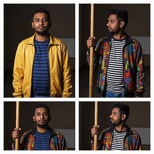 Photograph collage of a bearded Black man with short hair, wearing a yellow jacket and blue striped shirt, also in a colorful patterned jacket,