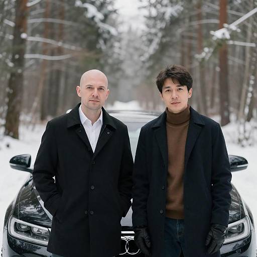 Two Men Standing in Winter Forest with Car