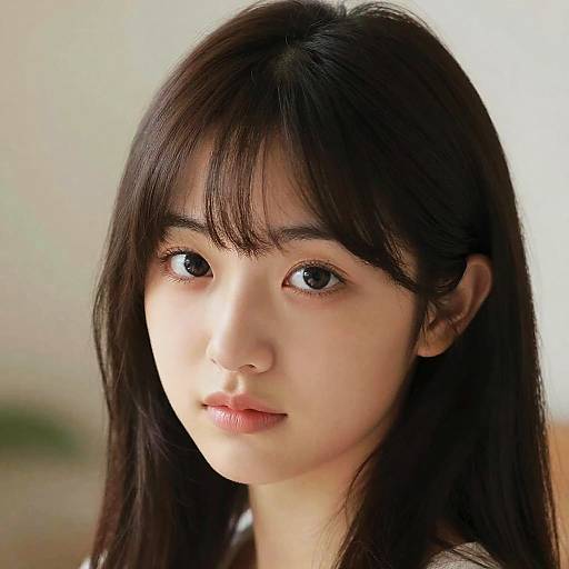 Photograph of a young Asian woman with long, straight black hair, bangs, and large black eyes, looking directly at the camera with a neutral