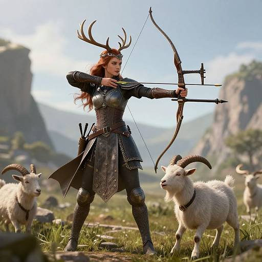 Digital art: Armored woman with antlers draws bow in mountain meadow, flanked by white goats, with rocky cliffs in background.