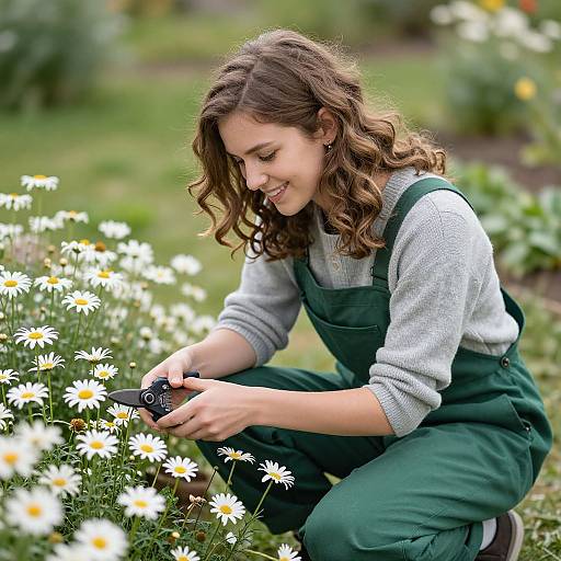 Young woman pruning daisies in garden