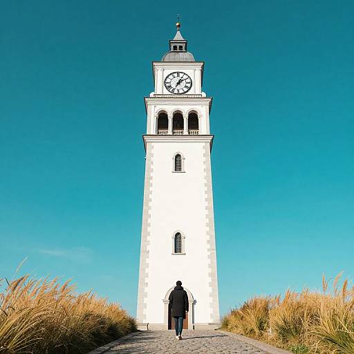 Photograph of a tall white clock tower with a blue sky background, two people walking away from the camera, flanked by golden grasses.