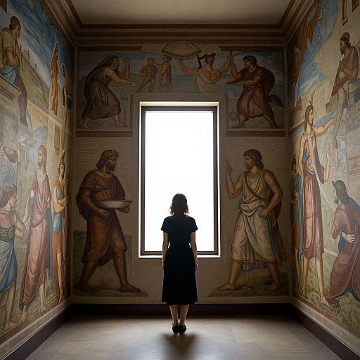 Photograph of a child standing in a museum room with a bright window, surrounded by detailed, colorful biblical frescoes on all walls.