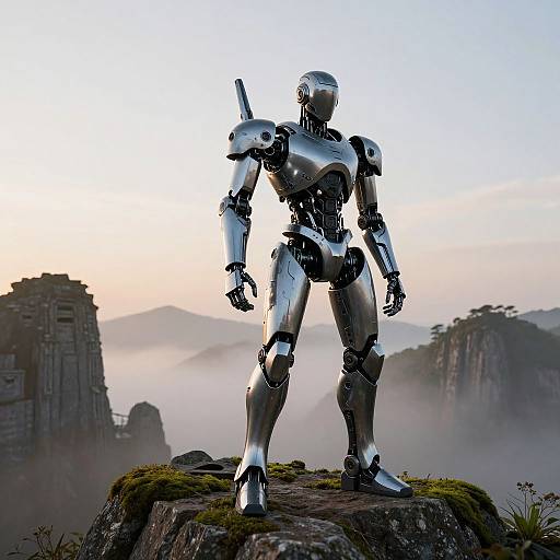 Photorealistic CGI of a silver, humanoid robot standing on a rocky, grassy mountain peak at sunrise, with misty, ancient ruins in the