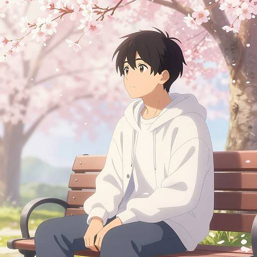 Anime-style digital drawing of a young man with black hair, wearing a white hoodie, sitting on a bench under blooming cherry blossoms.