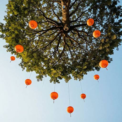 Photograph of a large tree with dark branches and green leaves, adorned with vibrant orange paper lanterns hanging from thin strings against a clear blue sky.