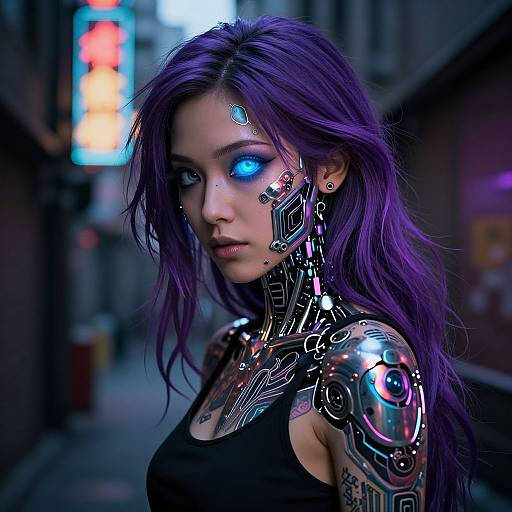 Digital art of a cyberpunk woman with glowing blue eyes, purple hair, and metallic cybernetic arm, standing in a neon-lit alley.