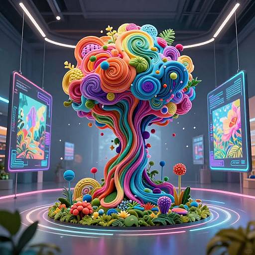 Digital artwork: Vibrant, swirling, multicolored tree with rainbow roots, surrounded by neon-lit, futuristic gallery, adorned with glowing flowers and