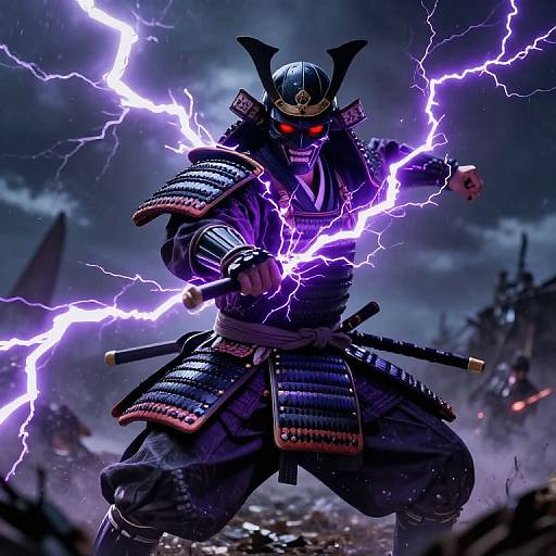 Digital artwork of a fierce samurai wielding lightning bolts, wearing dark armor with glowing red eyes, set against a stormy, ruined battlefield.