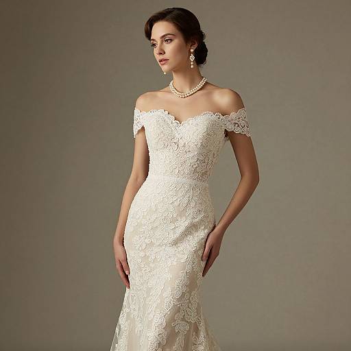 Photograph of a slender woman with fair skin and dark hair, wearing an off-shoulder, lace, white wedding dress and pearl necklace, standing