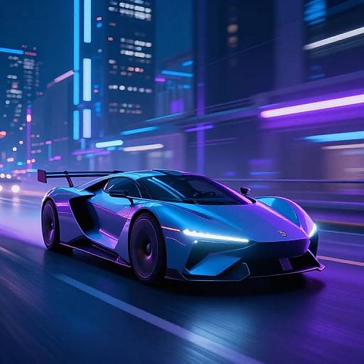 Photorealistic CGI of a sleek, blue Lamborghini racing through a neon-lit, futuristic city night, with vibrant purple and blue lights.