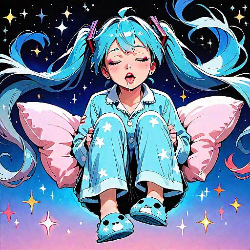 Digital anime-style drawing of a blue-haired girl with long twin tails, wearing star-patterned pajamas, sleeping with pillows, surrounded by colorful stars and