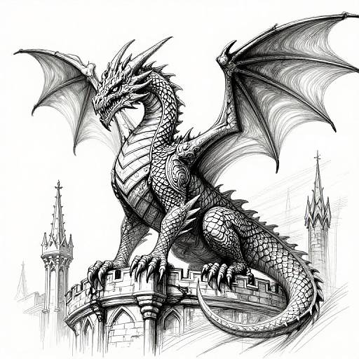 Black and white ink drawing of a fierce, detailed dragon with large wings and scales, standing on a castle turret.
