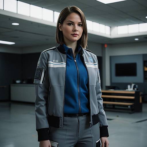 Woman in Futuristic Grey and Blue Uniform
