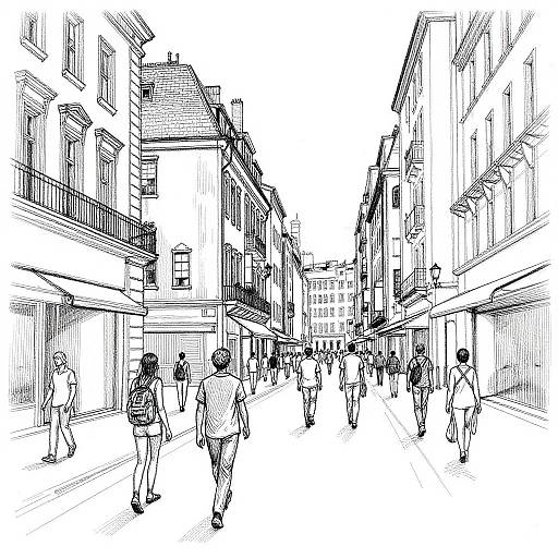 Black and white line drawing of a bustling city street with numerous people walking between tall buildings, featuring detailed architecture and street lamps.