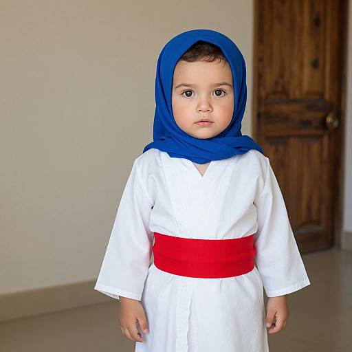 Photograph of a young child with light brown skin, wearing a blue hijab, white dress with a bright red sash, standing in a plain