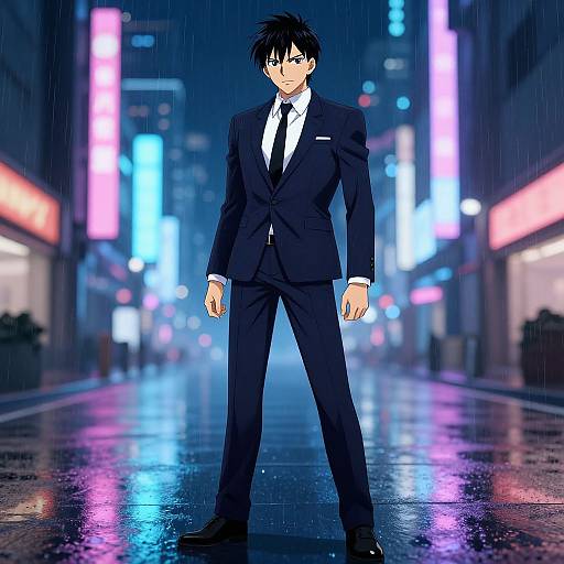 Stylish Anime Boy in Neon Rain