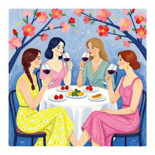 Four women in colorful dresses, sipping wine, seated at a table with fruit and plates, under cherry blossom trees. Digital art.