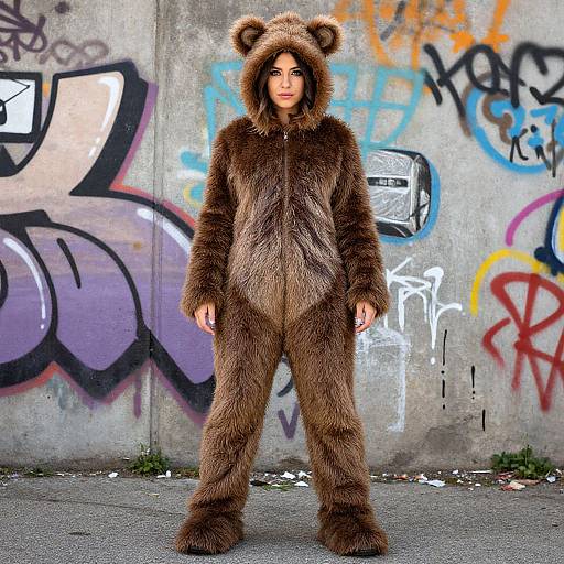 Photograph of a woman in a brown bear costume, standing in front of a graffiti-covered concrete wall, with colorful spray paint tags.