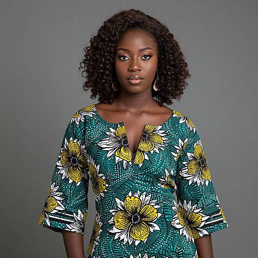Photograph of a confident Black woman with dark curly hair, wearing a teal dress with yellow and white floral patterns, against a gray background.