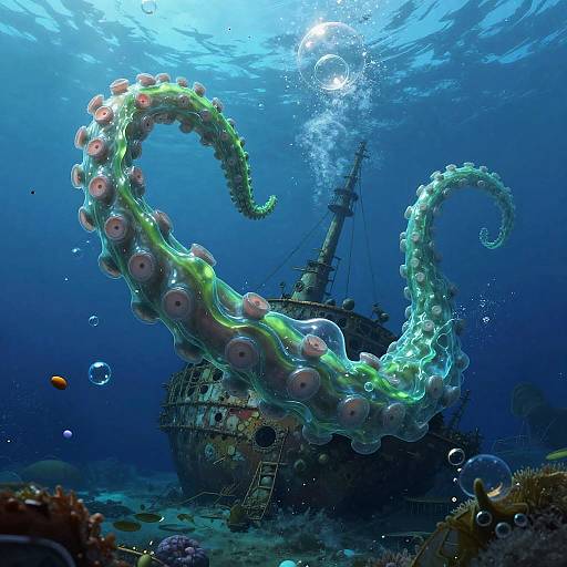 Slime Tentacle Attacking Underwater Shipwreck