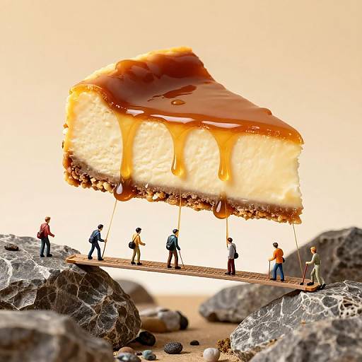 Digital artwork: Tiny people on rocky terrain lifting enormous slice of cheesecake with caramel topping, using ropes, in bright sunset background.