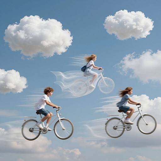 Photograph of three children riding bicycles in mid-air against a clear blue sky with white clouds, their movements creating dynamic, flowing effects.