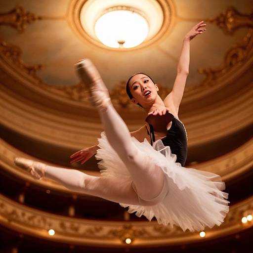 Photograph of a ballet dancer mid-leap, wearing a black leotard and white tutu, against a grand, ornate, golden-dom
