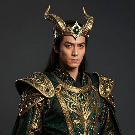 Photograph of a serious-faced, long-haired male figure in ornate, gold-accented, dark green fantasy armor with a large, horned