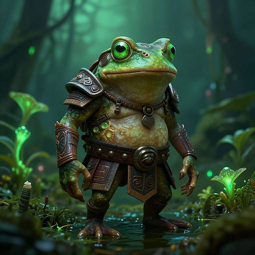 CGI image of a green, armored frog with glowing eyes standing in a mystical, neon-lit forest, surrounded by glowing plants.