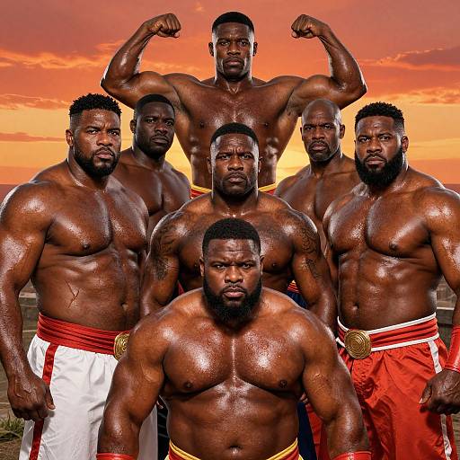 Photograph of seven muscular, shirtless Black men with defined physiques, flexing in front of a vibrant orange sunset, wearing red and white lo