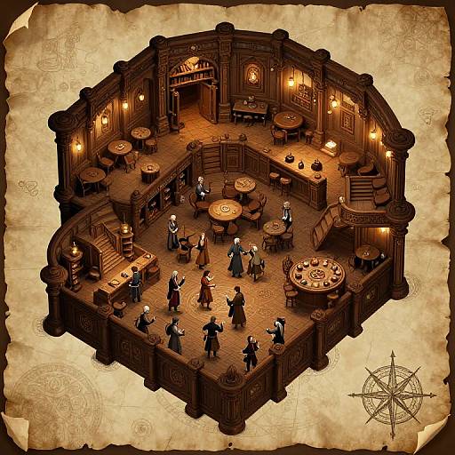 Isometric digital illustration of a dimly lit, medieval-style tavern with wooden furniture, lit by warm lamps, and a group of robed figures gathered