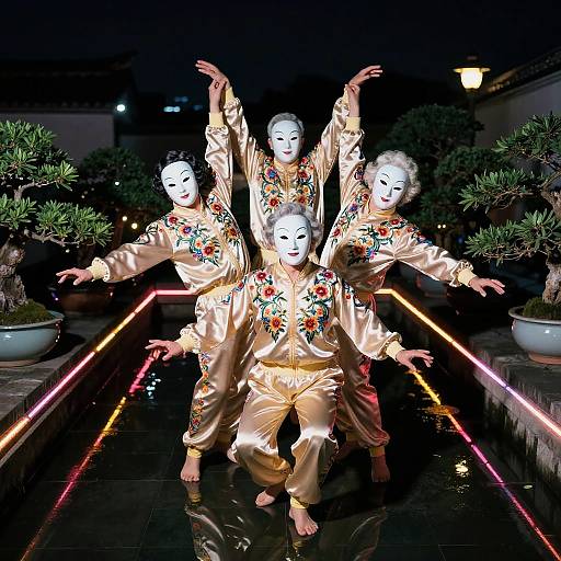 Elderly Breakdancers in Embroidered Silk Tracksuits with Porcelain Masks