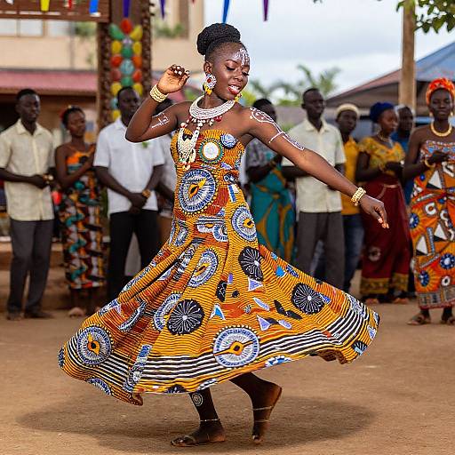 Photograph of a Black African woman dancing in a vibrant, orange and black patterned dress, adorned with jewelry, surrounded by onlookers in colorful