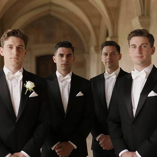 Elegant Men in Tuxedos in Stone Hallway