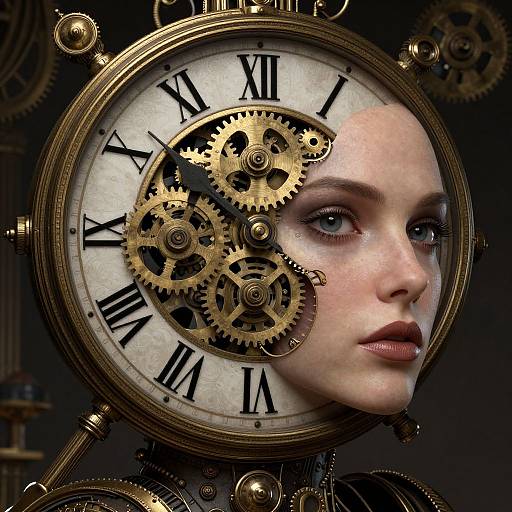 Digital art of a pale-skinned woman's face blended with a vintage clock, featuring brass gears and Roman numerals, with a dark, industrial background