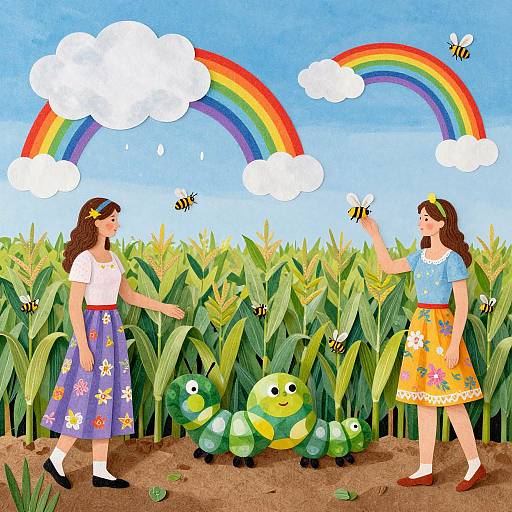 Illustration of two girls in colorful dresses, standing in a cornfield with a green caterpillar, rainbow, and bees, against a blue sky with