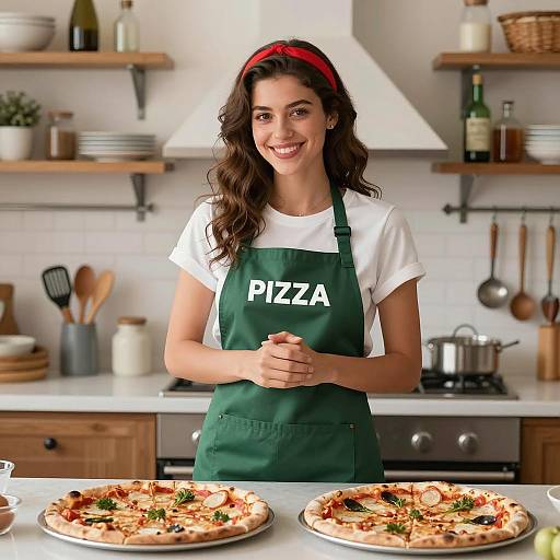 Woman in Pizza Apron Holding Hands in Cozy Kitchen