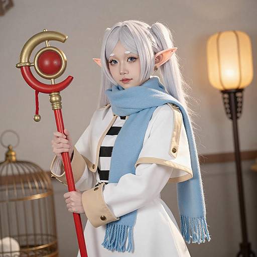 White-Haired Elf Cosplayer with Staff