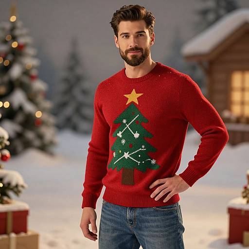Photorealistic image of a bearded, dark-haired man in a red Christmas sweater with a tree and star, standing in a snowy, festive background