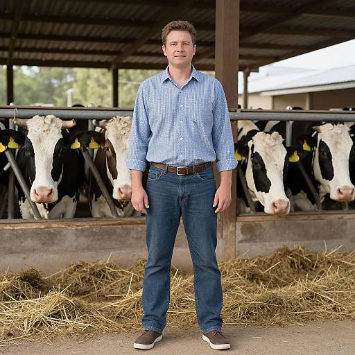 Photograph of a smiling Caucasian man with curly brown hair, wearing a blue checkered shirt and blue jeans, standing in front of a barn with black