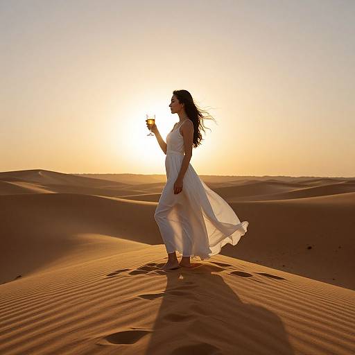 Silhouetted woman in a flowing white dress holds a flower, standing in golden desert sand dunes at sunset. Sun shines behind her, casting