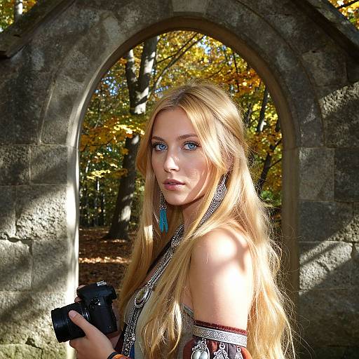 Photograph of a blonde woman with blue eyes, long hair, and blue earrings, holding a camera, standing in a sunlit stone archway with