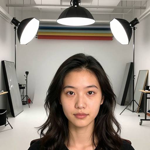Photograph of an Asian woman with long black hair, neutral expression, standing in a studio with white walls, black hanging lights, and a rainbow-striped