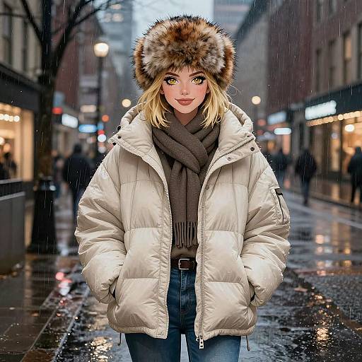 Digital artwork of a blonde woman with green eyes, wearing a white puffy coat, fur hat, and gray scarf, standing on a rainy urban street